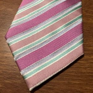 Paul Stuart Tie Striped Stripes 100% Silk Handmade Italy Deep Rose Pink Mint NWT